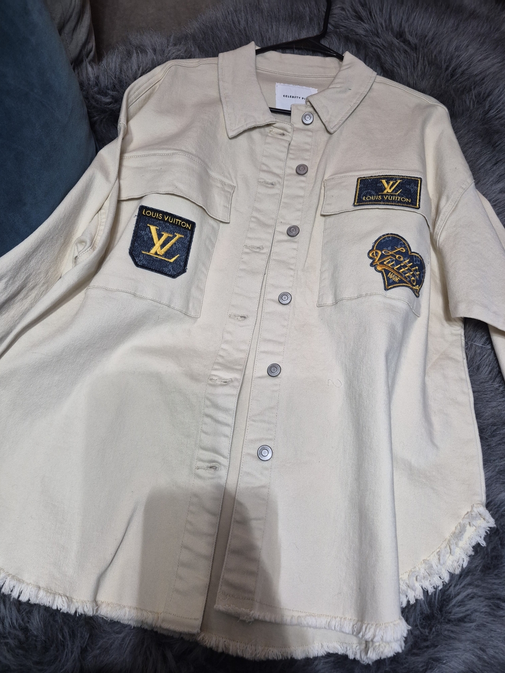 Cream Designer Inspired Patch-Embellished Womens Shacket